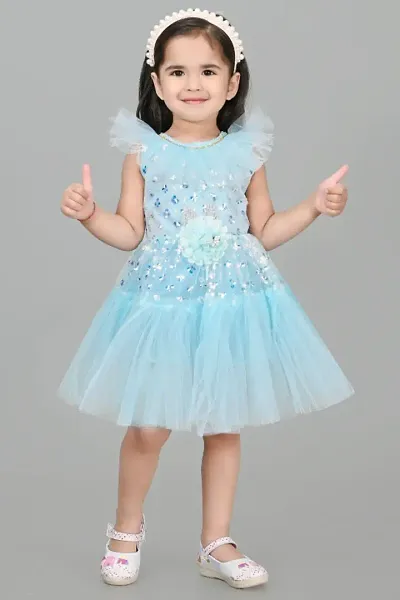 Partywear Flower Applique Net Dress for Girls