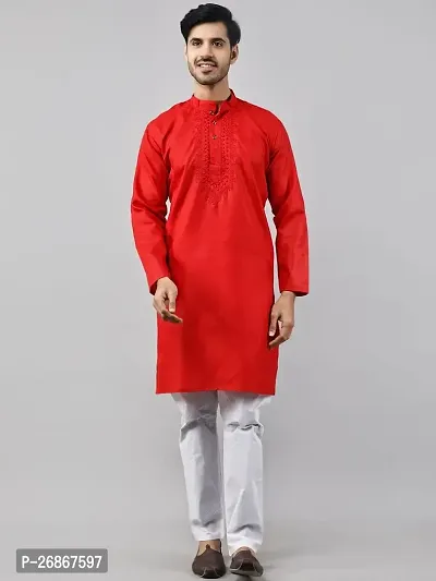 Reliable Red Cotton Blend Solid Knee Length Kurta For Men