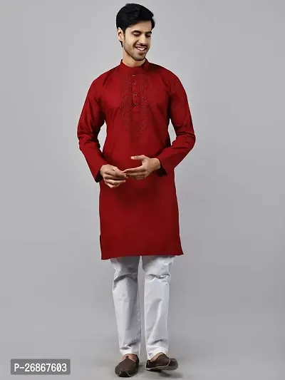 Reliable Maroon Cotton Blend Solid Knee Length Kurta For Men