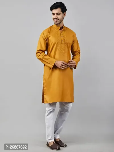 Reliable Yellow Cotton Blend Solid Knee Length Kurta For Men