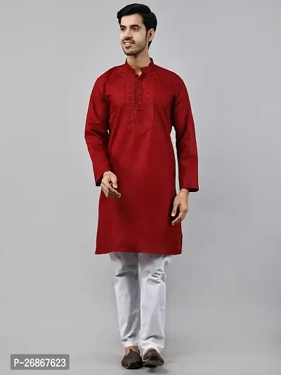 Reliable Maroon Cotton Blend Solid Knee Length Kurta For Men