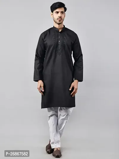 Reliable Black Cotton Blend Solid Knee Length Kurta For Men-thumb0