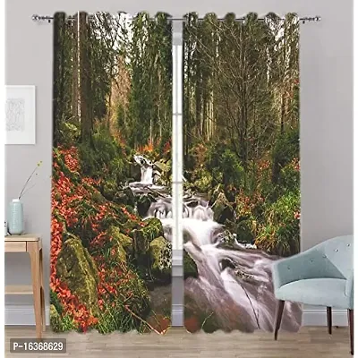 TFV 3D Forest Waterfall Digital Printed Polyester Fabric Curtains for Bed Room, Living Room Kids Room Color Green Window/Door/Long Door (D.N.242) (4 x 5 Feet (Size: 48 x 60 Inch) Window, 1)