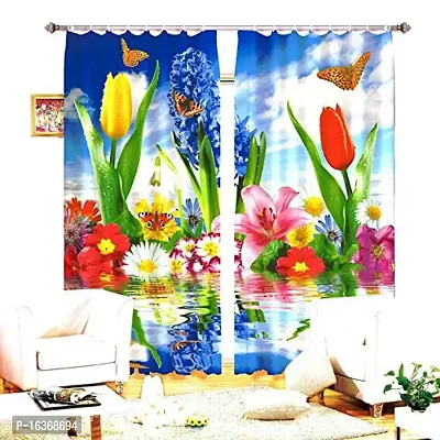 TFV 3D Flowers Digital Printed Polyester Fabric Curtains for Bed Room, Living Room Kids Room Color Blue Window/Door/Long Door (D.N.259)