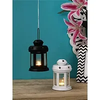 Antique Collection Decorative Iron and Glass Lantern, Hanging Light, T-Light Candle Holder - White & Black (6 inch x 3.7 Inch x 3.7 Inch Each Lantern) Set of 2-thumb1