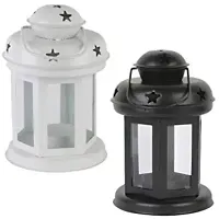 Antique Collection Decorative Iron and Glass Lantern, Hanging Light, T-Light Candle Holder - White & Black (6 inch x 3.7 Inch x 3.7 Inch Each Lantern) Set of 2-thumb2
