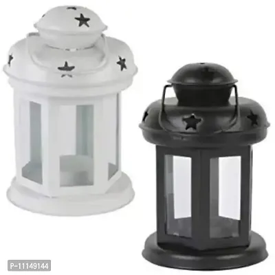 Antique Collection Decorative Iron and Glass Lantern, Hanging Light, T-Light Candle Holder - White & Black (6 inch x 3.7 Inch x 3.7 Inch Each Lantern) Set of 2-thumb3