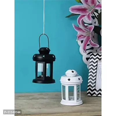 Antique Collection Decorative Iron and Glass Lantern, Hanging Light, T-Light Candle Holder - White & Black (6 inch x 3.7 Inch x 3.7 Inch Each Lantern) Set of 2