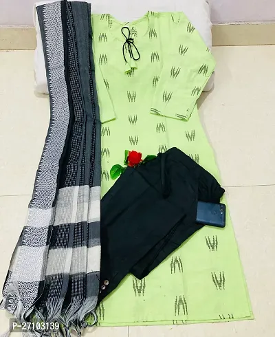 Stylish Green Cotton Striped Kurta, Bottom and Dupatta Set For Women-thumb0