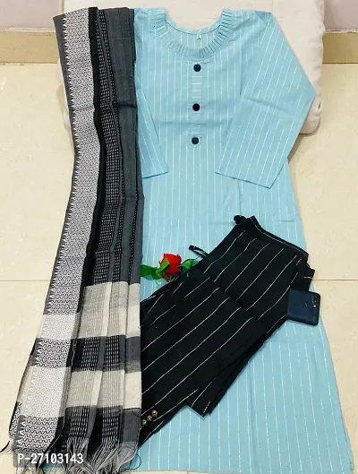 Stylish Blue Cotton Striped Kurta, Bottom and Dupatta Set For Women