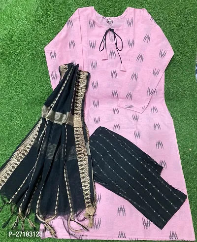 Stylish Pink Cotton Striped Kurta, Bottom and Dupatta Set For Women