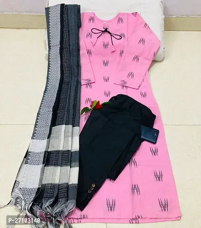 Stylish Pink Cotton Striped Kurta, Bottom and Dupatta Set For Women