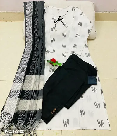 Stylish White Cotton Striped Kurta, Bottom and Dupatta Set For Women