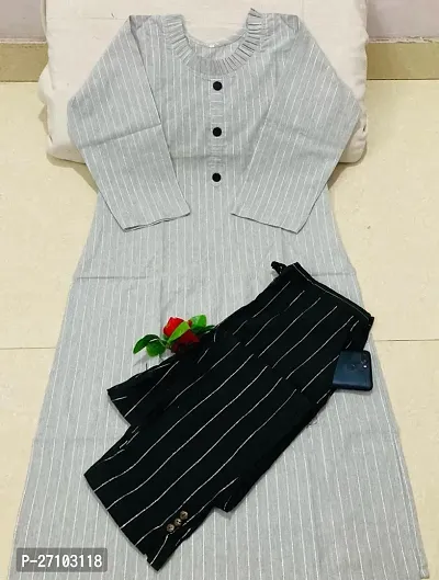 Stylish Grey Cotton Striped Kurta Bottom Set For Women-thumb0