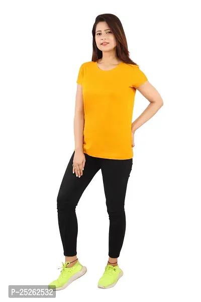 Elegant Yellow Cotton Solid Round Neck T-Shirts For Women-thumb3