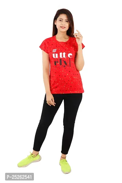 Elegant Red Cotton Printed Round Neck T-Shirts For Women