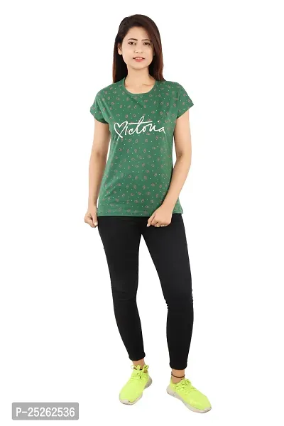 Elegant Green Cotton Printed Round Neck T-Shirts For Women