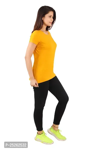 Elegant Yellow Cotton Solid Round Neck T-Shirts For Women-thumb2