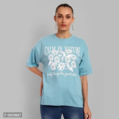Elegant Blue Cotton Printed Oversize Tshirt For Women