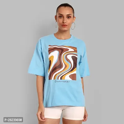 Elegant Blue Cotton Printed Oversize Tshirt For Women