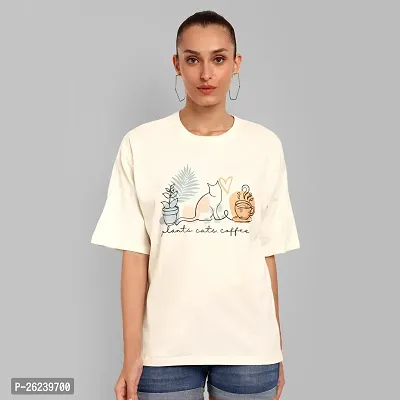 Elegant Off White Cotton Printed Oversize Tshirt For Women