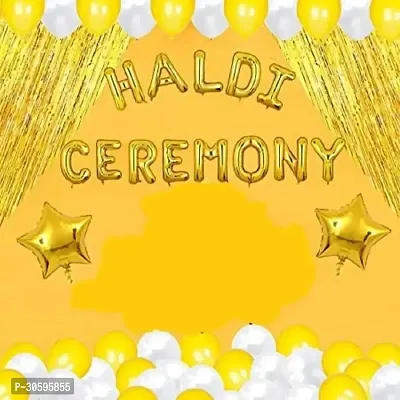 Haldi Ceremony Foil Banner, 2 Star Gold Foil, 2 Gold Curtians, 25 pcs Gold, White (Each ) Metalic Balloons (Pack of 55)-thumb0