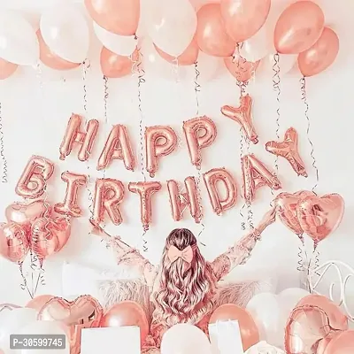 Happy Birthday RoseGold Foil Banner, 6 Rosegold Heart Foil Balloons, 10 pcs Each White, Rosegold Metalic Balloons (Pack of 27)