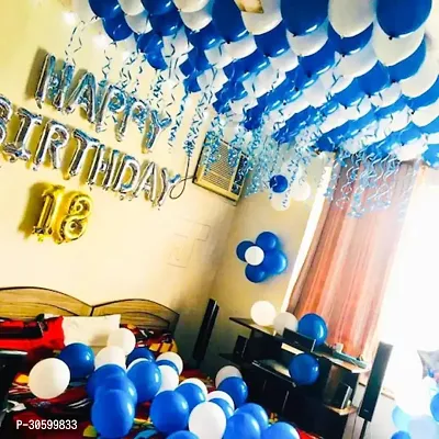 Happy Birthday Silver Foil Banner, 18 Number Gold Foil Balloon 25 pcs Each Blue, White Metalic Balloons (Pack of 53)