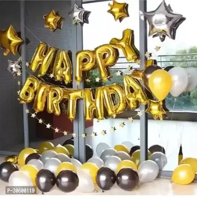 Happy Birthday Gold Foil Banner, 3 Gold Star 2 Silver Star Foil Balloons, 10 pcs Yellow, Silver, Black Metalic Balloons (Pack of 37)