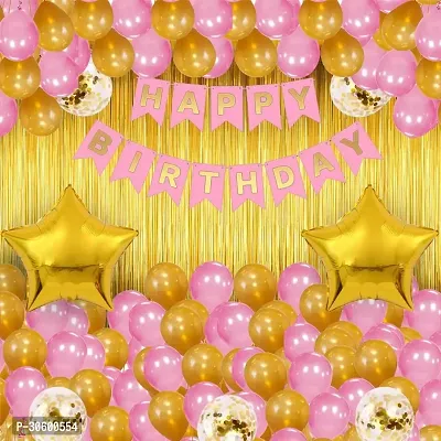 Happy Birthday Pink Banner, 2 Gold Star 2 Golden Curtains, 5 pcs Confetti Balloons, 20 pcs Each Gold, Pink Metalic Balloons (Pack of 50)-thumb0