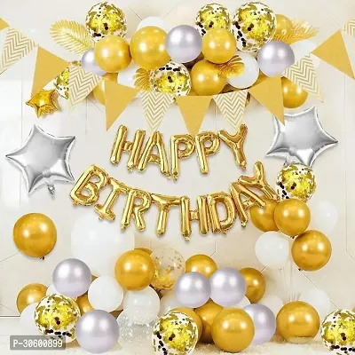 Happy Birthday Gold Foil Banner, 2 Silver Star Foil Balloon, 5 pcs Confetti Balloons, 10 pcs Gold, White, Silver Metalic Balloons (Pack of 38)