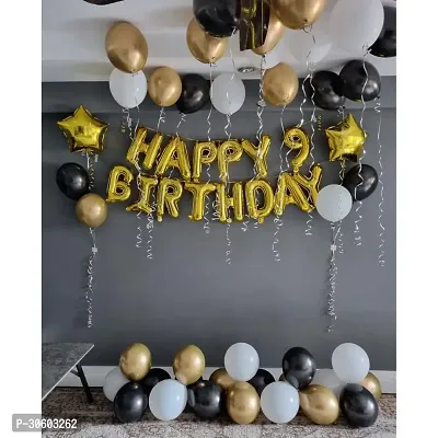 Happy Birthday Gold Foil Banner, 9 Gold Number Foil 2 Gold Star Foil Balloon, 10 pcs Gold, White, Black Metalic Balloons (Pack of 34)