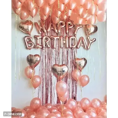 Happy Birthday RoseGold Foil Banner, 1 Rosegold Curtain, 5 RoseGold Heart Foil Balloon, 50 pcs RoseGold Metalic Balloons (Pack of 57)