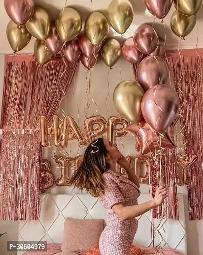 Happy Birthday RoseGold Foil Banner, 1 Rosegold Star 2 RoseGold Curtains Balloon, 30 Gold, Rosegold Metalic Balloons (Pack of 33)