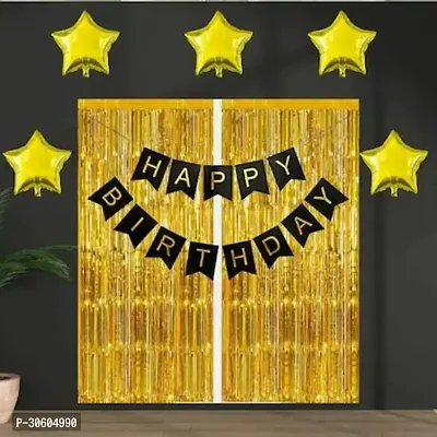 Happy Birthday Black Decoration Item, 2 Gold Curtains, 5 Gold Star Foil Balloon (Pack Of 8)