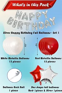 Happy Birthday Silver Foil Banner, 2 Red Curtains, 1 Silver Star Foil Balloon, 1 Red Star Foil Balloon, 50 Red, White, Pink Metalic Balloons (Pack of 55)-thumb2