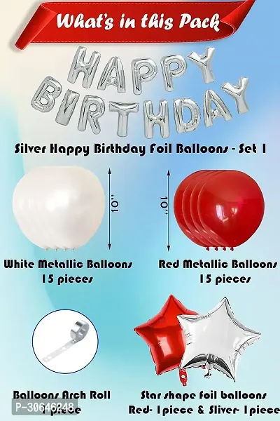 Happy Birthday Silver Foil Banner, 2 Red Curtains, 1 Silver Star Foil Balloon, 1 Red Star Foil Balloon, 50 Red, White, Pink Metalic Balloons (Pack of 55)-thumb3