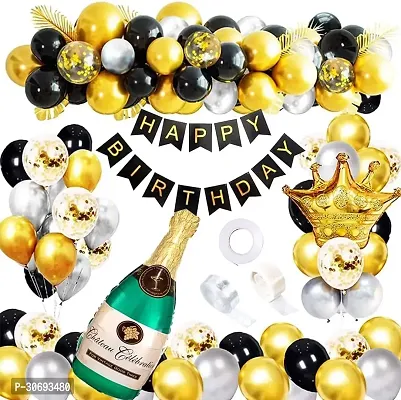 Happy Birthday Black Banner, 1 Crown Foil Balloon, 1 Champange Bottle Foil Balloon, 1 Red Star Foil Balloon, 50 Golden, Black, Silver Metalic Balloons  5 Confetti Balloon, (Pack of 58)-thumb0