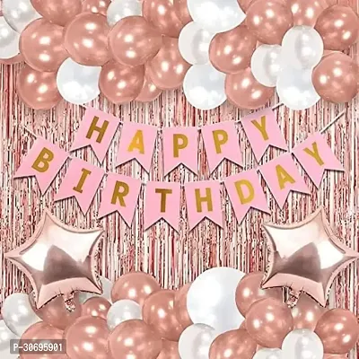 Happy Birthday Pink Banner, 2 RoseGold Curtains, 2 Rosegold Stars, 50 Rosegold, White Metalic Balloons (Pack of 55)-thumb0