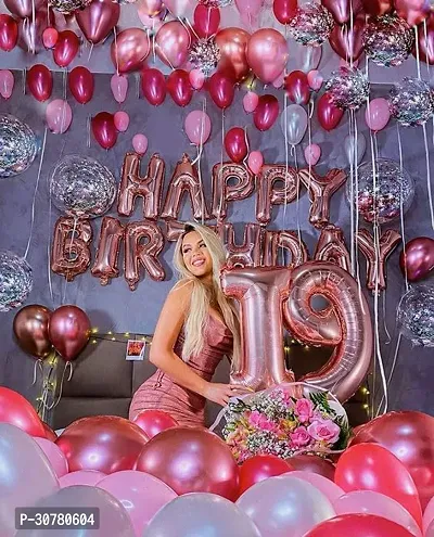 Happy Birthday Rosegold Decoration Item, 19 Number Rosegold Foil, 5 Confetti Balloons, 20 Rosegold Metalic Balloon, 10 White, 10 Red 10 Pink Pack of 57-thumb0