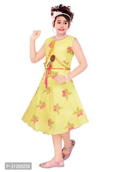 Reliable Yellow Cotton Lycra Blend Printed A-Line Dress For Girls-thumb4