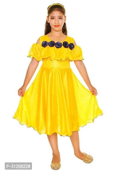 Reliable Yellow Cotton Lycra Self Pattern A-Line Dress For Girls