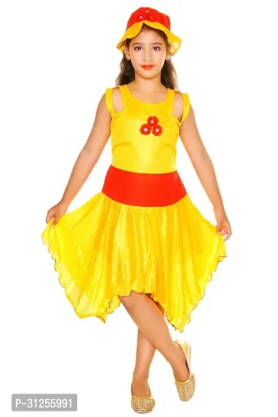 Fabulous Yellow Lycra Blend Self Design A-Line Dress With Cap For Girls-thumb0