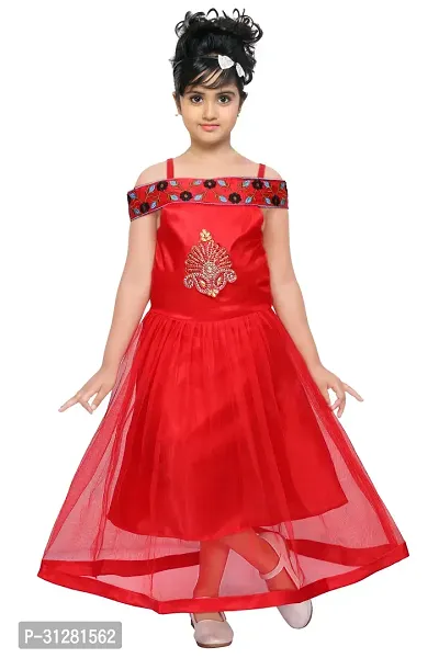 Fabulous Red Satin Embroidered A-Line Dress For Girls-thumb0