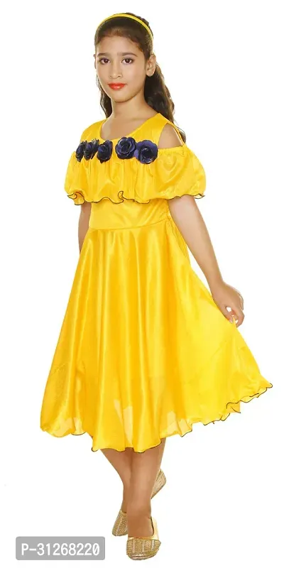 Reliable Yellow Cotton Lycra Self Pattern A-Line Dress For Girls-thumb3