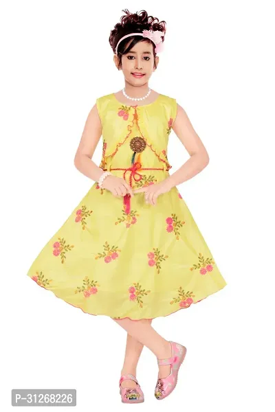 Reliable Yellow Cotton Lycra Blend Printed A-Line Dress For Girls