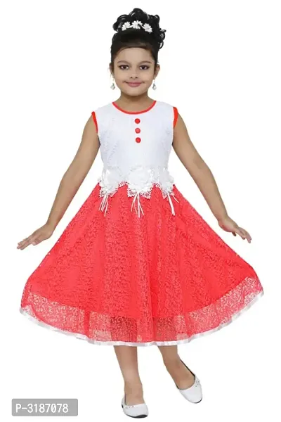 RNR FASHION Girls White and Red Net Made Midi/Knee Length Sleeveless Frock(RNR027)