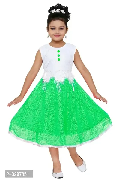 RNR FASHION Girls White and Green Net Made Midi/Knee Length Sleeveless Frock(RNR037)