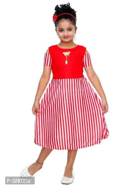 RNR FASHION Girls Red Colored Printed Lycra Blend Midi/Knee Length Sleeveless Frock(RNR034)