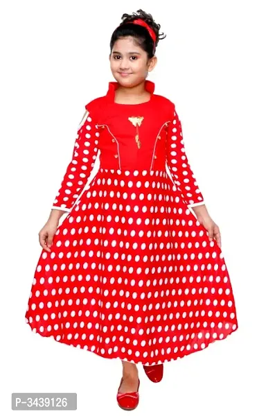 RNR FASHION Girls Red Colored Imported Polka Dotted Printed Lycra Blended Long/Ankle Length 3/4 Sleeve Frock(RNR047)
